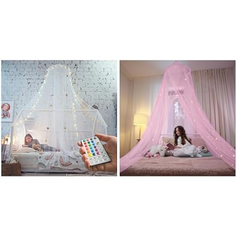 Bollepo The Ultimate Canopies Bundle - White LED & Pink Canopies for Girls Bed. Fits Single, Twin, Full, Queen Bed Sizes Cover