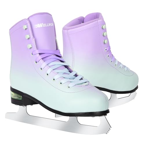 Ice Skates for Women Adult Figure Skates with Air Cushion Green and Purple Figure Skating Shoes Size 8 with Velvety Lining for Indoor& Outdoor