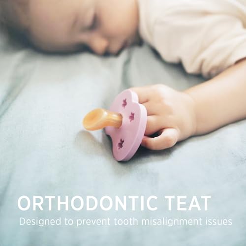 Image of HEVEA Natural Rubber Pacifier Orthodontic 3-36 Months - Hygienic One Piece Design for Newborns to Toddlers, BPA-Free, Soft & Durable - Two-Pack (Tulip Pink & Pop of Green)