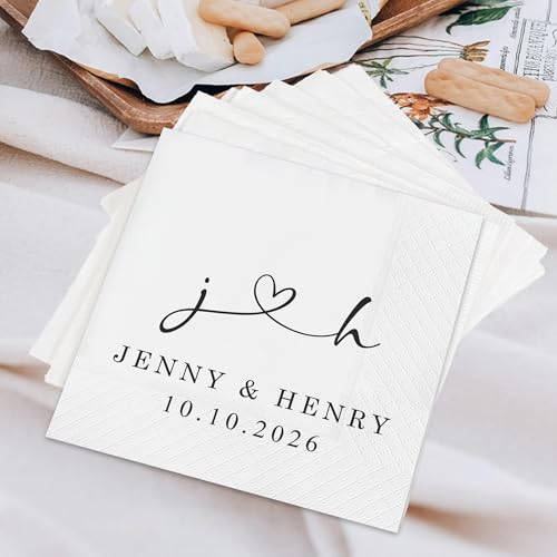 Image of Personalized Cocktail Napkins Wedding, Cheer Mr Mrs Name Couple, Pack 50 100 150 300 500 Anniversary Party, Disposable Decoration Initials Beverage Bar Reception Cocktail Luncheon Dinner, Golden 1