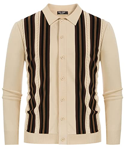 PJ PAUL JONES Contrast Striped Cardigan Long Sleeve Lapel Collar Full Placket Knitwear for Men Apricot M