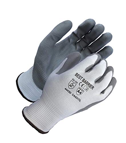 Best Barrier CA4317 White 13 Gauge A4 Cut Resistant Glove, Grey Polyurethane Dip, Large, 12 Pair
