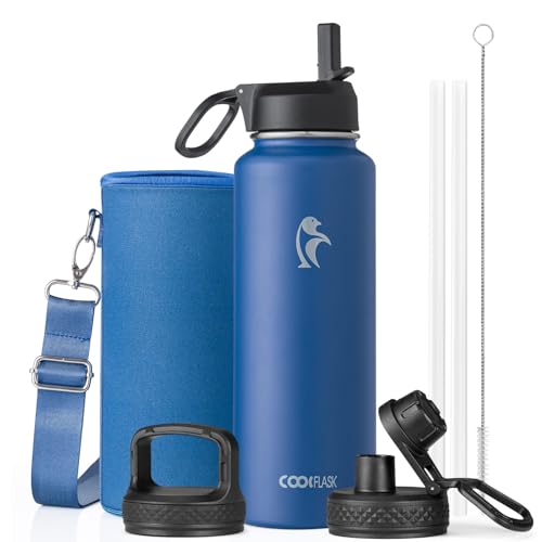 Image of Coolflask 40 oz Water Bottle Insulated with Straw & 3 Leakproof Lids