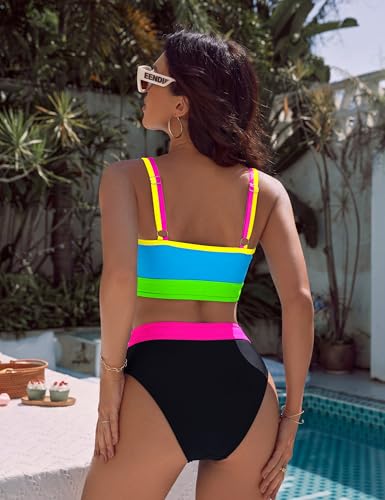Image of BMJL Women's High Waisted Bikini Sets Sporty Two Piece Swimsuits Color Block Tummy Control Modest Bathing Suit