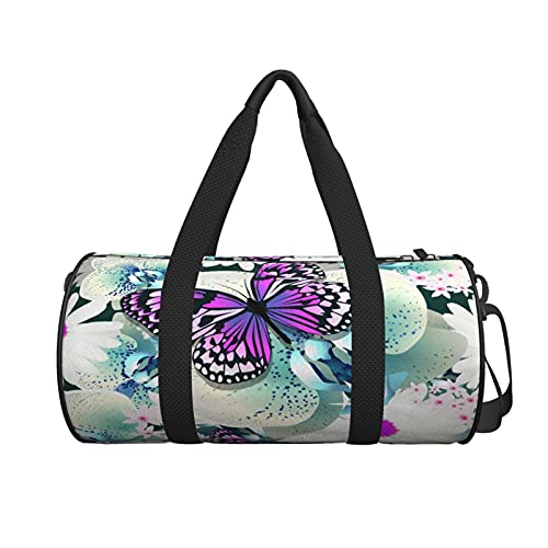 Blue Flowers Orchid With Purple Butterfly Gym Duffel Bag For Women Men Travel Weekender Carryon Duffel Bags