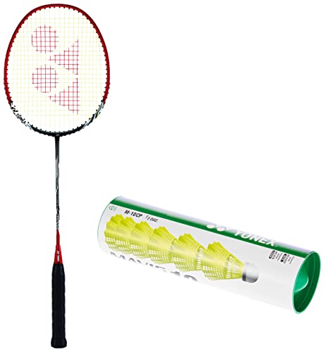 Image of YONEX Nanoray 6000I G4-U Aluminum Badminton Racquet with Full Cover (Red) & Yonex Mavis 10 Nylon Shuttlecock, Yellow, Pack of 6 | Made in Japan (Green Cap)