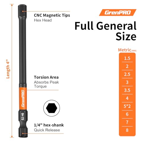 Image of GRENPRO 11-Piece Allen Wrench Drill Bit Set, Metric, 4-Inch Impact Hex Bits