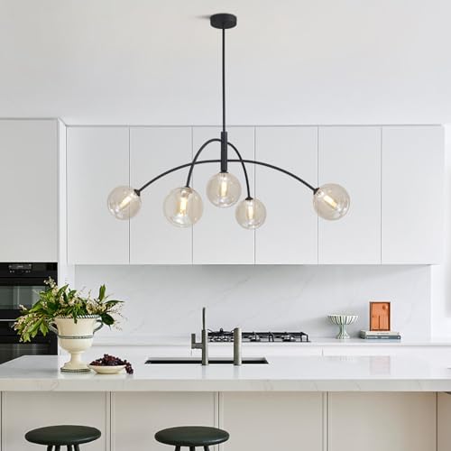 Image of 5 Light Modern Brass Chandelier Fixture Globe Glass Shade Pendant Light Black Kitchen Large Chandelier for Dining Room Kitchen Bedroom
