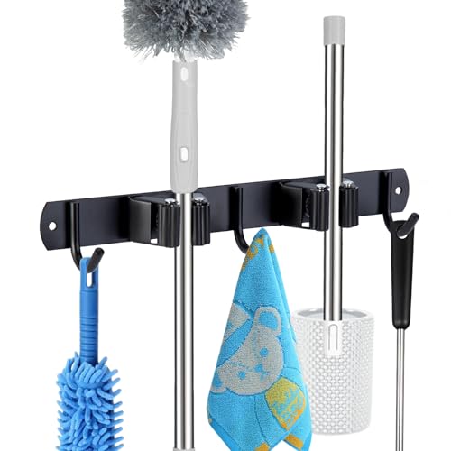 Image of voze 2 Racks and 3 Hooks Mop and Broom Holder Wall Mount, Self Adhesive Heavy Duty Broom Organizer Storage Tool Racks for Kitchen Garden Laundry Garage