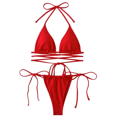 Fryloo bañador Sexy Micro Bikini Criss-Cross Mujeres, Traje De Baño Tanga Vendaje Dos Piezas para Las Vacaciones Verano En La Piscina Playa-Red-m