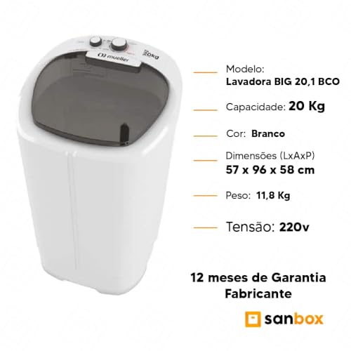 Tanquinho de Lavar Roupa Mueller Big 20,1kg Sistema de Drenagem-220v