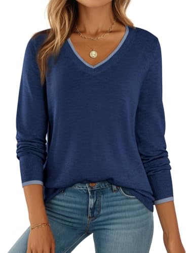 Image of Dokotoo Womens Sweaters Dressy Casual V Neck Lightweight Wool Tops | Long Sleeve,Fall Clothes,Ribbed Hem,Warm,comfort, Casual Knit Pullover