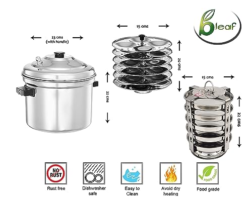 Image of BLeaf Stainless Steel-Idli cooker (Induction & Standard) with Regular Idli Stand /Idli Plates (6 Plates, 24 Idlis) and 5 plates Thatte idli stand (Combo)