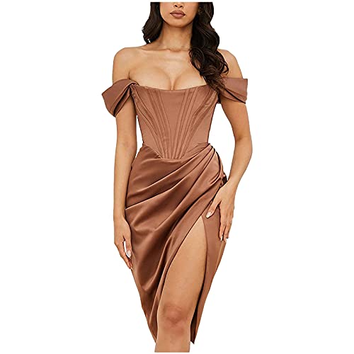 Misaky Women Elegant Off Shoulder Midi Tube Dress with High Slit Cocktail Wedding Birthday Club Party Dresses Brown