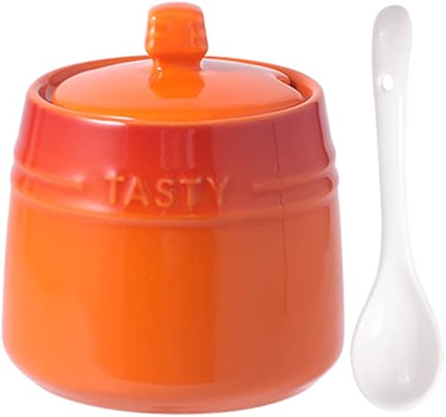 Sizikato Olla de condimento de porcelana degradada con tapa y cuchara, tazón de sal de 3.3 pulgadas para cocinas y restaurantes