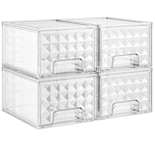Delamu 4 Pack Stackable Storage Drawers, Makeup Skincare Holder Vanity Storage Organizer, Plastic Drawers For Vanity Desk, Undersink, Kitchen Cabinet, Pantry, Clear, Ideal Christmas Gifts for Girls