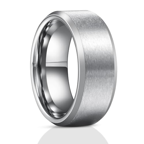 Tungsten Rings for Men 8mm Men's Wedding Ring Silvery Black Stainless Steels Metal Fashions Jewelry Wide Band Gift Box (Silvery, 9.5)
