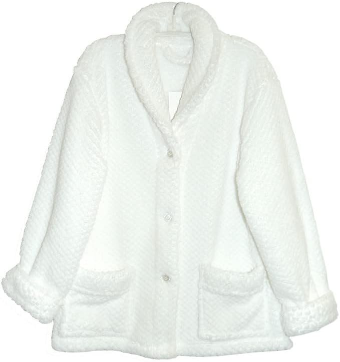 LA CERA Women's Fleece Bed Jacket - Stylish Notched Collar, Long Sleeves, Front Pockets, Button Front, Machine Washable - Image 3