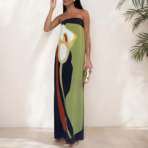 Image of Zwirelz Women Strapless Maxi Dress Boho Floral Print Flowy Long Tube Dress Off Shoulder Loose Beach Sundress