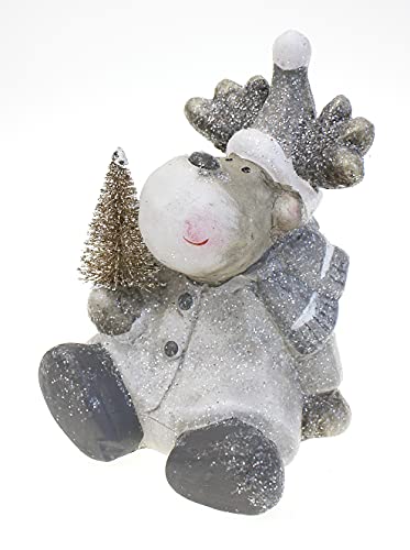 TEMPELWELT Deko Figur Rentier Elch 13 cm, Keramik grau braun weiß...