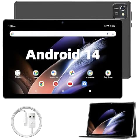 Tablet 10.1 inch Android 14 Tablet, 6GB RAM 64GB ROM 1TB Expand, Quad-Core Tablets with Case, 1280x800 IPS Touch Screen, 6000mAh, BT5.0, Dual Camera, GPS, WiFi (Black) Cover