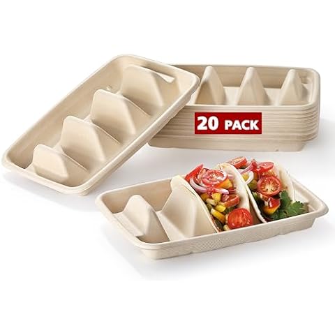 20 PCS Disposable Taco Holders, COKUMA Taco Bar Serving Set for a Party, Taco Plates with Dividers, Taco Plates Tray Stand for 3 Tacos, Taco Tuesday Cover