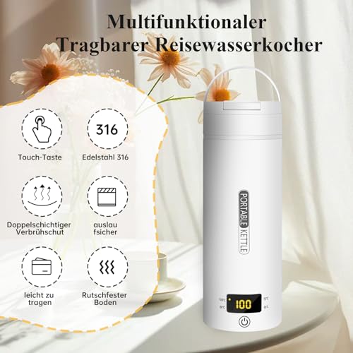 Bärbar Vattenkokare 500 ml i Rostfritt Stål - Vit - Automatisk Avstängning