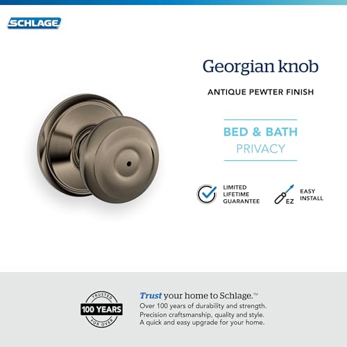 Image of Schlage F40 GEO 620 Georgian Door Knob, Bed & Bath Privacy Lock, Antique Pewter