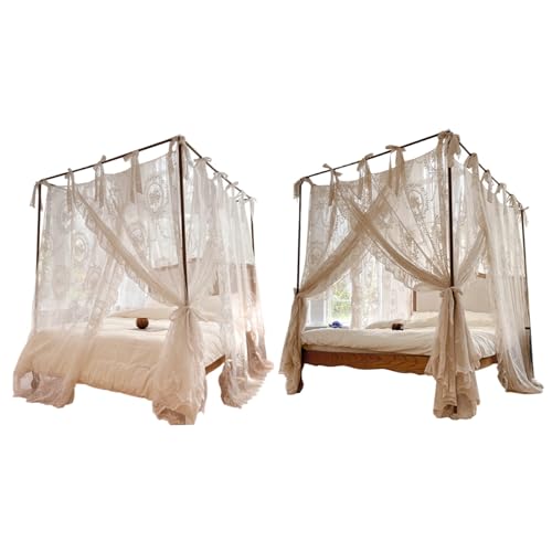 Mosquitera de encaje beige para cama de 1,5m con dosel de 4 postes 7