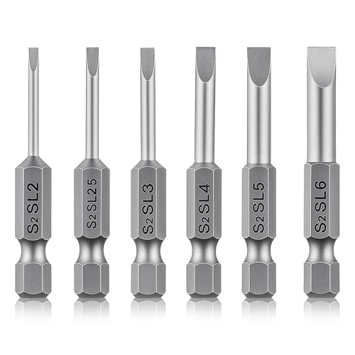 6 Pcs Hollow Ground Screwdriver Set 1/4 Impact Driver Bit Set Flat Head Slotted Drill Bits 2 Inch Length Screwdriver Bits SL2 SL2.5 SL3 SL4 SL5 SL6 for Power Drill Impact Driver