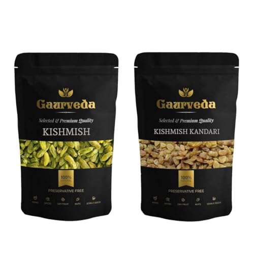 Image of GAURVEDA Kishmish Combo: Premium Kandhari Raisins Plus Classic Golden Raisins - Natural Sweetener, Healthy Snack, Perfect for Desserts & Cooking! | 50 Grams
