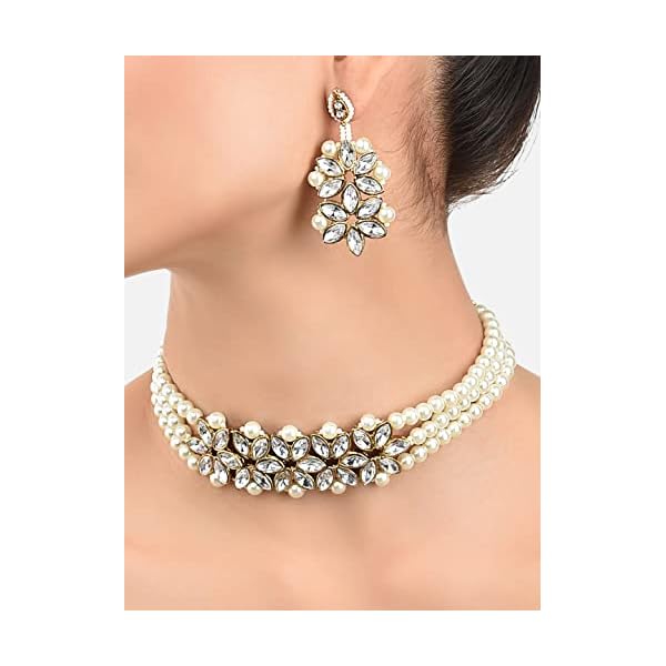 ZAVERI PEARLS Gold Tone Crystal Shine Stones & Multistrand Pearls Choker Necklace & Earring Set For Women-ZPFK10101 - Image 6