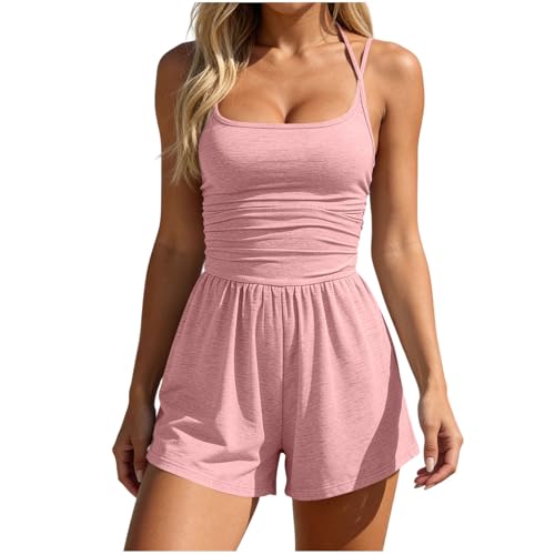 Image of Women’s Sleeveless Cami Romper, Spaghetti Strap Summer One Piece Playsuit, Ruched Waist Wide Leg Shorts Jumpsuit, Soft Stretch Casual Outfit for Beach, Holiday, Brunch and Everyday Wear