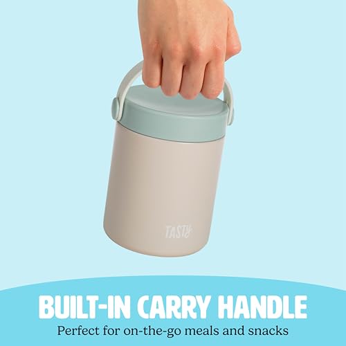 Image of Tasty Food Jar with Folding Handle, Portable Snack Travel or Lunch Container, Stainless Steel Insulated Vacuum with Leak-Proof Lid, Keeps Food Hot or Cold for Hours, 15-Ounce, Cream