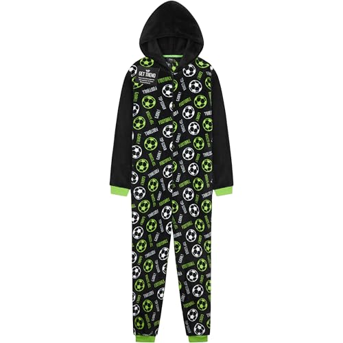 Get Trend Pyjama Grenouillère Polaire Garçon et Ado, Tenue Cocooning à Capuche, Style Football, Idée Cadeau Enfant (7-8 Ans, Noir/Vert Football)