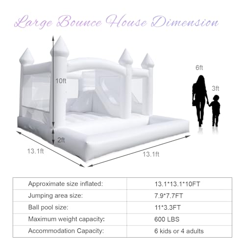 Image of 13ft White Bounce House Castle for Adult Kid, 100% Heavy Duty PVC Inflatable Commercial Bounce House with Slide&Ball Pit, 550lbs Capacity, 1100W Blower, Outdoor Wedding Party Balloon House, 13x13x10ft