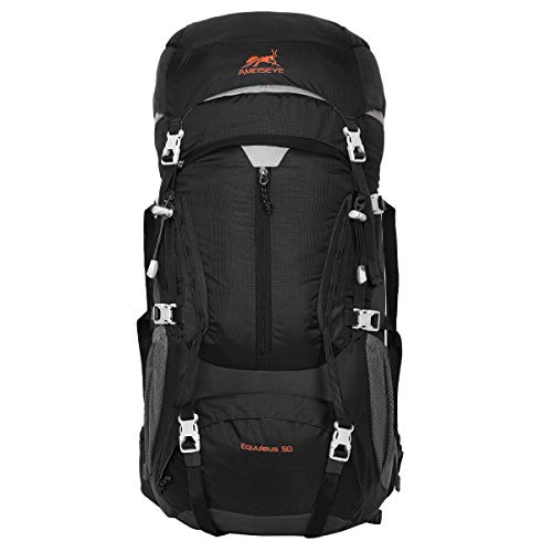 Eshow 50L Mochilas de Montaña Acampada al Aire Libre Impermeable Macutos de Viaje Senderismo Trekking con Cubierta de Lluvia (Negro)
