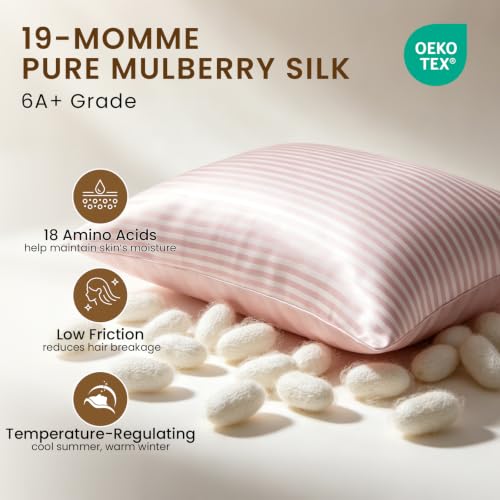 Image of THXSILK Mulberry Silk Pillowcase for Hair and Skin Health, Grade 6A+ Mulberry Silk Pillowcase with Hidden Zipper, Soft and Breathable, 1pc (King 20 inchx36 inch, Pink White Stripes)