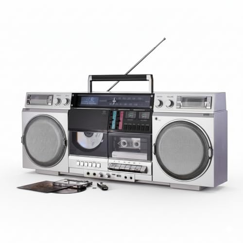 EUROtops DAB+-Boombox „Retro 1980er“ – Kassettendeck, CD, Bluetooth, USB, MicroSD, Radio, Aufnahmefunktion