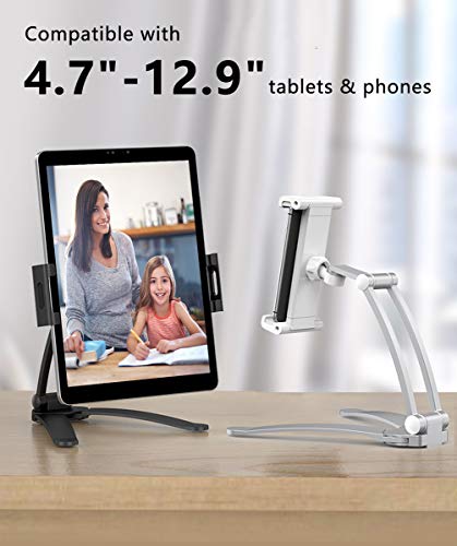 Ayada Kitchen Cabinet Tablet Holder, 2 In 1 Wall Mount Desktop Stand For Ipad 12.9 Aluminum Alloy Metal Adjustable Multiangle Foldable Universal Phone Tablet Bracket Cooking Table Counter Top (Silver) #TOP4