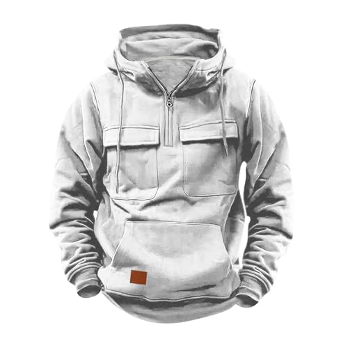 Sudadera para hombre con capucha - Media cremallera con capucha para hombre, chaqueta informal vintage, chaqueta de manga larga, chaqueta cargo moderna, chaqueta deportiva monocolor, cómoda sudadera