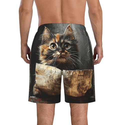 Men's Swim Trunks Beach Board Shorts Swimwear Bathing Suits - Cat Old Newspaper Vintage3