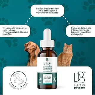 Calmante per Cani e Gatti DB Labo | Olio per Cani e Gatti Naturale da Agricoltura Biologica | Olio 1500mg 15 ml con Omega 3, 6, 9. - Azione rapida.