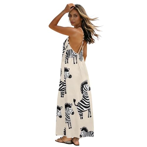 Robe longue à dos ouvert beige imprimé zébré pour femme