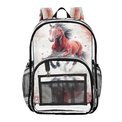 Red Horse Galloping on Lake Clear Backpack Boy Girl Kids Heavy Duty PVC Transparent Bookbag School Bag with Multiple Compartments