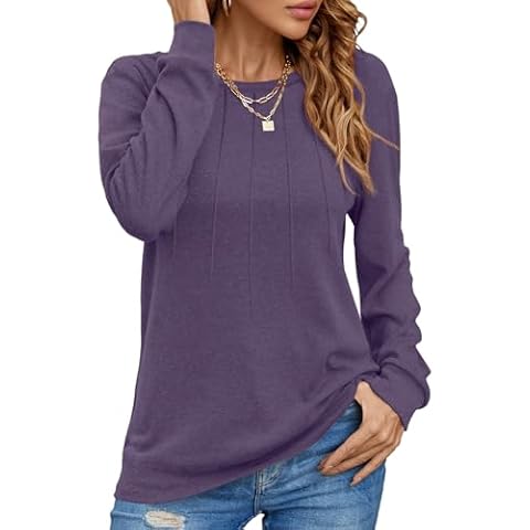 YSYOKOW Women Long Sleeve Shirts Casual Tops Dressy Blouses Fashion Pleated Tunic(Purple, Large) Cover