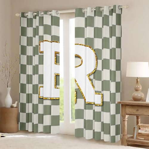 Image of Erosebridal Sage Green Checkered Window Drapes Plaid Initial R Blackout Curtains 42 inch Wx84 L Personalized Monogram Curtains for Bedroom Living Room,Grids Gingham Window Treatments 2 Panels