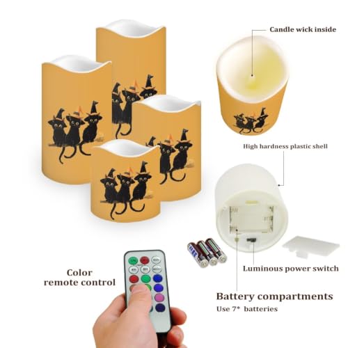 Image of Witch Black Cat Electric Flameless Candles Set of 4 | Halloween Battery Operated Candles with Remote Control, Electric Pillar Candles for Holiday Party Living Room Decorations