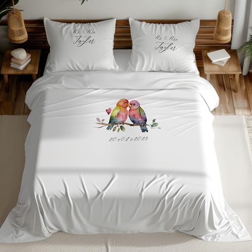 Parure de lit personnalisable avec nom personnalisé pour couples de mariés - Motif oiseaux amoureux et perroquets - Pour lit simple, double, anniversaire de...