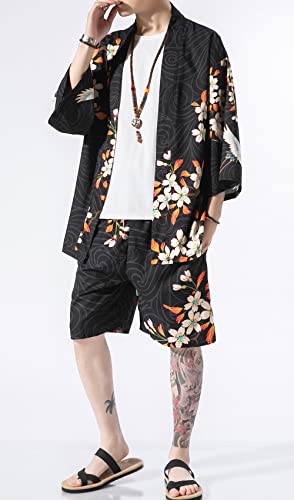 Men's Japanese Style Kimono Tops Shorts Sets Lightweight Casual 3/4 Sleeve Open Front Cardigan Suits3